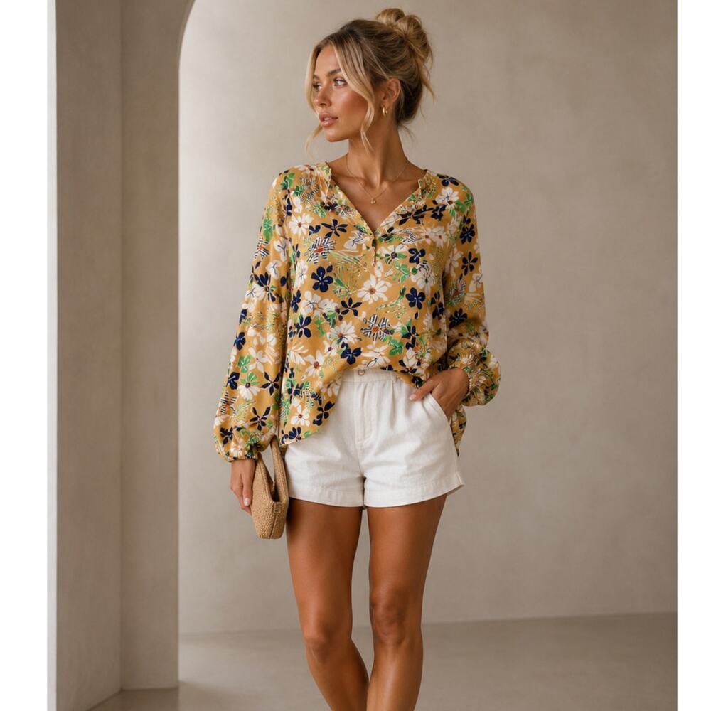 Cabi Tan Floral Long Sleeve Blouse Womens XS Boho Beachy Casual Lightweight Top